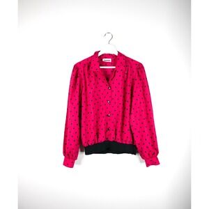 Vintage Judy Bond Blouse Women's S/M Pink Black Polkdots Elastic Waist 70s